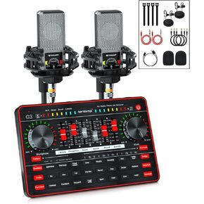 Audio Mixer with Sound Card, tenlamp Two 3.5mm Studio Condenser Microphone and G3 Audio interface, Sound Board Voice Changer, Podcast Equipment Bundle for PC Recording Gaming Live Streaming Podcast