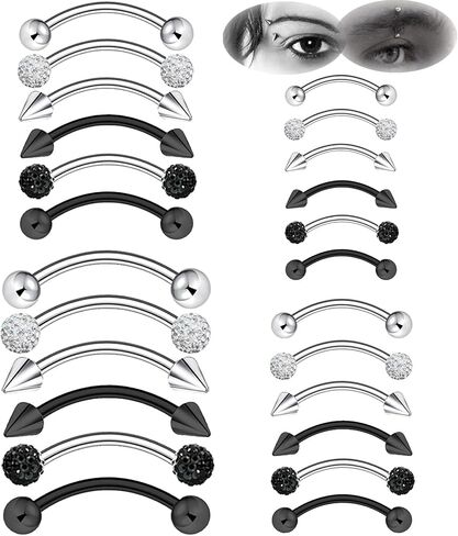10-24Pcs Eyebrow Piercing Jewelry Ear Rook Piercing Eyebrow Ring Surgical Steel Curved Barbell Vertical Labret Lip Jewelry Snug Daith Tragus Piercing Jewelry Black Silver in Saudi Arabia