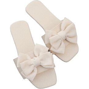GORGLITTER Women's Bow Flat Sandals Dressy Square Toe Slip on Wide Width Sandals