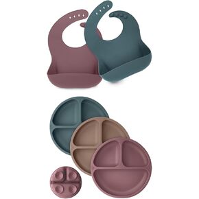 مرايل سيليكون للأطفال وألواح شفط من KeaBabies مكونة من قطعتين - مريلة سيليكون مقاومة للماء وسهلة المسح للأطفال - 3 عبوات من أطباق الأطفال المقسمة من السيليكون بنسبة 100% مع شفط، ألواح خالية من مادة BPA in Kuwait