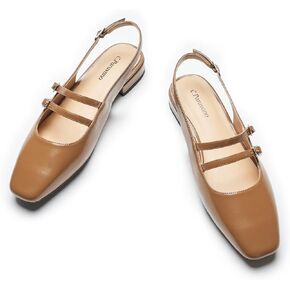 C.Paravano Women's Slingback Flats | Sandals Square Toe Dress Shoes | Adjustable Ankle Strap Flats for Office，Weddings & Cocktail Parties