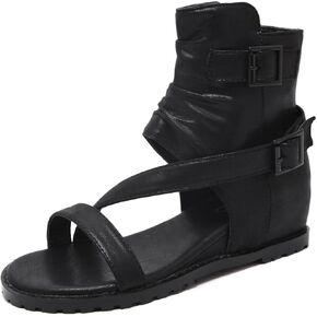Women's Leather High Top Internal Increase Rome Sandals Boots Fashion Breathable Adjustable Buckle Strap Round Open Toe Flat Gothic Y2k Comfortable Non-Slip Party Casual Sandals