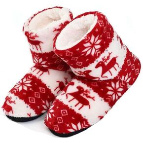 Fluffy Christmas Deer Slipper Plush Boots Ladies Indoor Outdoor Ankle Bootie Thermal Warm Shoes for Girls Women Fleece Thicken Cotton Slippers Anti-Slip Sole Winter Booties Cosy Home