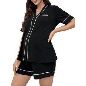 Verdusa Women's Maternity 2 Piece Pajama Sets Button Up Short Sleeve Shirt and Shorts