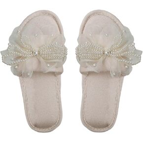 OYOANGLE Women's Pearl Decor Bowknot Open Toe Slippers Slip on Slides Bedroom Indoor Home Slippers