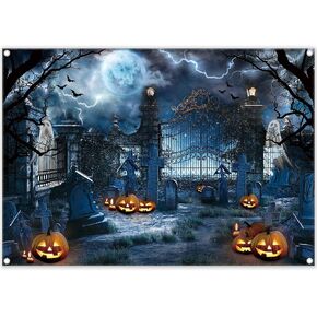 7x5ft Halloween Haunted Graveyard Photography Backdrop Pumpkin Lantern Spooky Night Moon Background Kids Ghost Party Decorations Banner Photo Booth