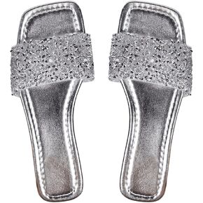 GORGLITTER Women's Sparkly Sequin Flat Sandals Open Square Toe Wide Slide Sandals