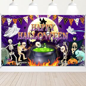 Avezano Happy Halloween Banner Spooky Happy Halloween Backdrop Purple Haunted Halloween Party Backdrop Scary Ghost Halloween Party Decorations 70.8x43.3inch