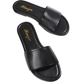WDIRARA Women's PU Leather Flat Sandals Open Toe Elegant Slip On Summer Fashion Dressy Slides Sandals
