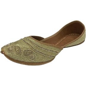 Punjabi Jutti For Women Gold Ethnic Sandal Handmade Shoes Flat Mojari Beaded Traditional Jooti