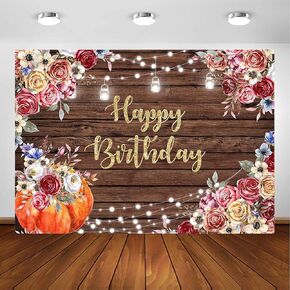 Avezano Fall Happy Birthday Backdrop Autumn Pumpkin Theme Birthday Photography Background Burgundy Floral Brown Wood Rustic Jars Pumpkin Birthday Party Decorations Photoshoot Photo Booth (7x5ft)