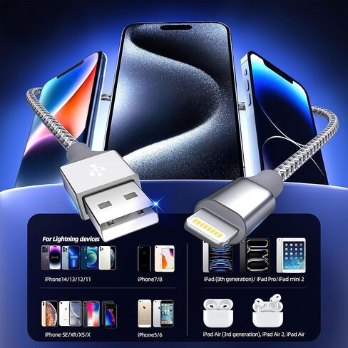 شاحن iPhone 3 عبوات بطول 10 أقدام كابل Lightning طويل معتمد من Apple MFi شحن سريع ومزامنة بيانات عالية السرعة كابل USB متوافق مع iPhone 14 13/12/11 Pro Max/XS MAX/XR/XS/X/8/7/Plus/6S in Kuwait