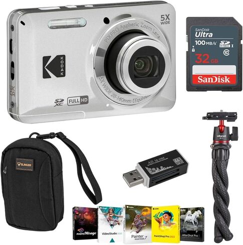 Kodak PIXPRO FZ55 Friendly Zoom Digital Camera, Silver Bundle with 32GB Memory Card, Camera Bag, Tripod, Photo Editing Software, Card Reader in Saudi Arabia