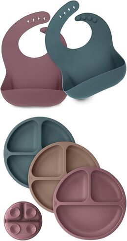 مرايل سيليكون للأطفال وألواح شفط من KeaBabies مكونة من قطعتين - مريلة سيليكون مقاومة للماء وسهلة المسح للأطفال - 3 عبوات من أطباق الأطفال المقسمة من السيليكون بنسبة 100% مع شفط، ألواح خالية من مادة BPA in Kuwait