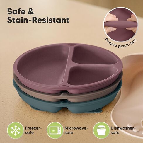 مرايل سيليكون للأطفال وألواح شفط من KeaBabies مكونة من قطعتين - مريلة سيليكون مقاومة للماء وسهلة المسح للأطفال - 3 عبوات من أطباق الأطفال المقسمة من السيليكون بنسبة 100% مع شفط، ألواح خالية من مادة BPA in Kuwait