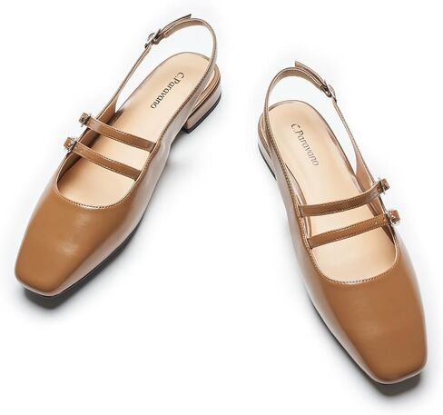 C.Paravano Slingback الصنادل المسطحة ماري جين الشقق مربع اصبع القدم كتلة كعب الصنادل الأشرطة قابل للتعديل الانزلاق على موضة فستان كاجوال الأحذية in Saudi Arabia