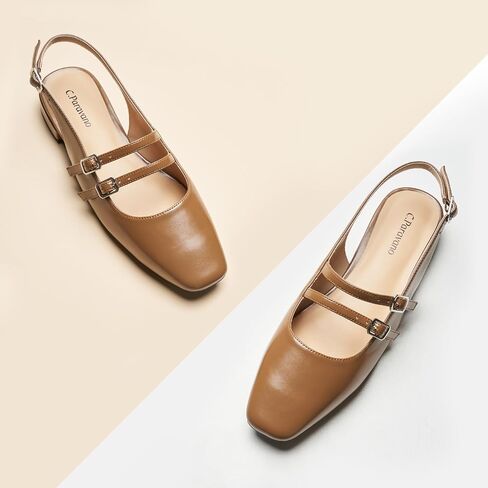 C.Paravano Slingback الصنادل المسطحة ماري جين الشقق مربع اصبع القدم كتلة كعب الصنادل الأشرطة قابل للتعديل الانزلاق على موضة فستان كاجوال الأحذية in Saudi Arabia