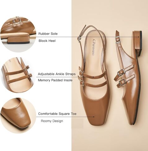C.Paravano Slingback الصنادل المسطحة ماري جين الشقق مربع اصبع القدم كتلة كعب الصنادل الأشرطة قابل للتعديل الانزلاق على موضة فستان كاجوال الأحذية in Saudi Arabia