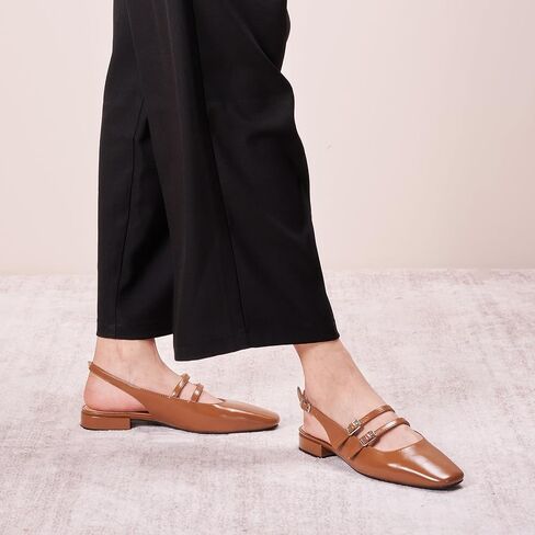 C.Paravano Slingback الصنادل المسطحة ماري جين الشقق مربع اصبع القدم كتلة كعب الصنادل الأشرطة قابل للتعديل الانزلاق على موضة فستان كاجوال الأحذية in Saudi Arabia