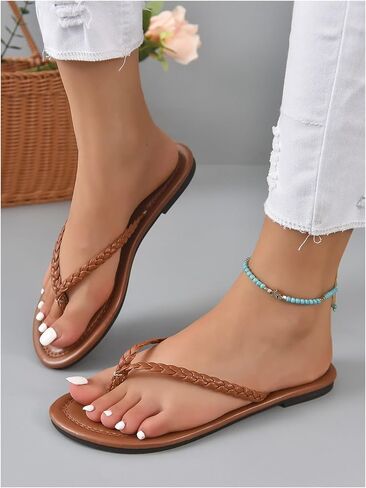 GORGLITTER Women's Braided Strap Thong Flats Open Toe Flip Flops Pu Leather Slide Sandals in Saudi Arabia