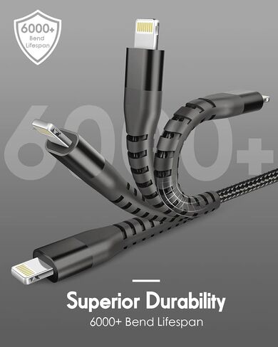 كابل شاحن ZZT 4 قطع بطول 6 أقدام متوافق مع كابل Lightning سلك شحن USB مضفر من النايلون عالي السرعة متوافق مع Apple Mfi-Certified iPhone 15 14 13 Pro Max/12/11 Pro/XS/XR/X/8/7/6/iPad (فضي) ) in Kuwait