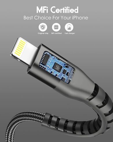 كابل شاحن ZZT 4 قطع بطول 6 أقدام متوافق مع كابل Lightning سلك شحن USB مضفر من النايلون عالي السرعة متوافق مع Apple Mfi-Certified iPhone 15 14 13 Pro Max/12/11 Pro/XS/XR/X/8/7/6/iPad (فضي) ) in Kuwait