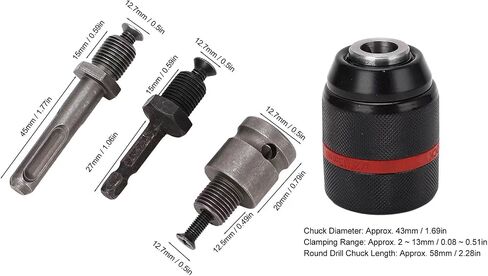 مثقاب بدون مفتاح معدني عالي التحمل 1/2 بوصة - 20UNF Mount 1 ~ 13 مم مع ساق SDS-Plus 1/4 بوصة ساق سداسية 1/2 بوصة محول أنثى مربع يناسب المطرقة الدوارة / مفتاح الربط / مفك البراغي in Saudi Arabia