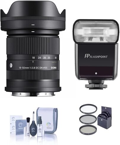 Sigma 18-50mm f/2.8 DC DN Contemporary Lens for Sony E, Bundle with Flashpoint Zoom-Mini TTL R2 Flash, 55mm Filter Kit, Cleaning Kit in Saudi Arabia