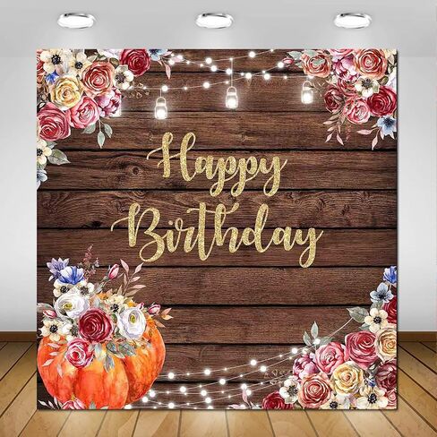 Avezano Fall Happy Birthday Backdrop Autumn Pumpkin Theme Birthday Photography Background Burgundy Floral Brown Wood Rustic Jars Pumpkin Birthday Party Decorations Photoshoot Photo Booth (7x5ft) in Saudi Arabia