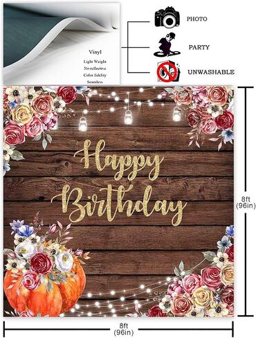 Avezano Fall Happy Birthday Backdrop Autumn Pumpkin Theme Birthday Photography Background Burgundy Floral Brown Wood Rustic Jars Pumpkin Birthday Party Decorations Photoshoot Photo Booth (7x5ft) in Saudi Arabia