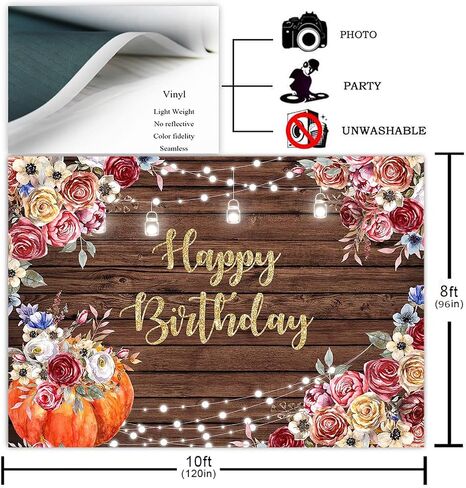 Avezano Fall Happy Birthday Backdrop Autumn Pumpkin Theme Birthday Photography Background Burgundy Floral Brown Wood Rustic Jars Pumpkin Birthday Party Decorations Photoshoot Photo Booth (7x5ft) in Saudi Arabia
