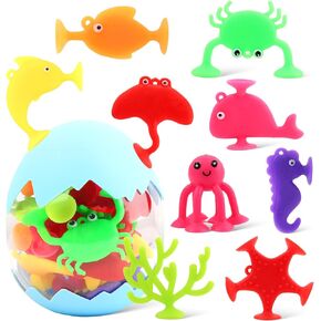 18 Pcs Ocean Animals Sucker Toys, Silicone Ocean Animal Suction Cup Toys with Eggshell & Box, Sensory Window Building Toys for Toddlers Boys Girls