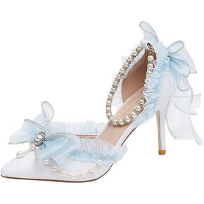 Light Blue Chiffon Bow Pointed Retro Lolita Princess Women's Shoes Pearl one-Word Strap Hollow high Heels