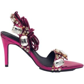 LISHAN Women's Rhinestones Studded Ankle Strappy Pointed Toe High Heels Lace Up Heeled Sandals