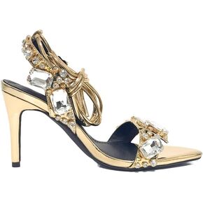 LISHAN Women's Rhinestones Studded Ankle Strappy Pointed Toe High Heels Lace Up Heeled Sandals