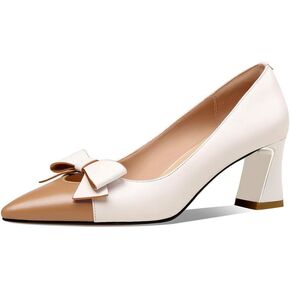 TinaCus Women's Genuine Leather Pointed Toe Handmade Bowknot Mid Chunky Heels Cute Pumps Shoes