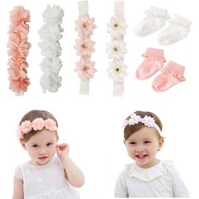 6 Pcs Pink & White Baby Girls Cute Hair Accessories & Socks Set : 4 Elastic Extra Soft Lace Chiffon Pearl Crystal Flower Headbands & 2 pairs Soft Baby Lace Ruffle Socks