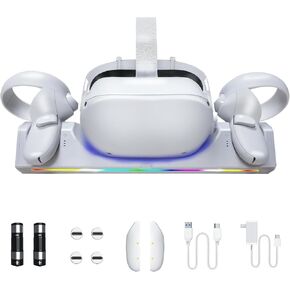قاعدة شحن لـ Oculus Quest 2/Meta Quest 2، محطة الشحن تدعم مؤشر LED Meta Quest 2 VR وسماعات الرأس وأجهزة التحكم، مع بطاريتين قابلتين لإعادة الشحن بقدرة 2100 مللي أمبير في الساعة، وشاحن USB-C وكابل