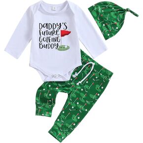 Newborn Baby Golf Outfit Girl Boy Daddy's Future Golfing Buddy Funny Romper T-shirt Golf Pants 3Pcs Fall Clothes Set