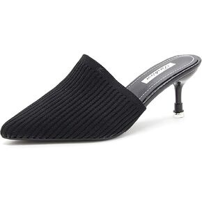 Women's Knit Closed Pointed Toe Kitten Heels Mules Fashion Breathable Mesh Slip On Stiletto Pumps Sandals for Party Prom Date Dressy Slides