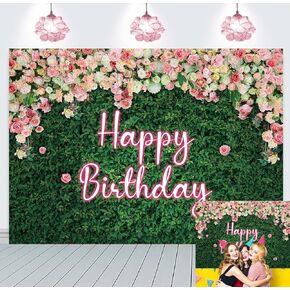 Green Leaves Happy Birthday Backdrop Neon Pink Rose Flower Photography Background Women Girls Greenery Leaves Birthday Newborn Baby Shower Party Cake Table Decoration 7x5FT, JS-HB470-backdrop