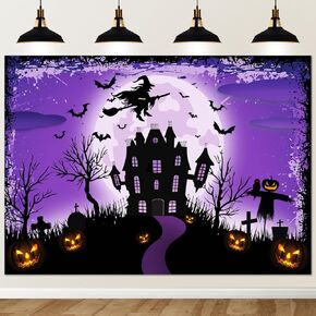 Avezano Halloween Backdrop Purple Night Moon Background Bat Castle Devil Pumpkin Happy Halloween Backdrops Magic Witch Graveyard Photography Background Halloween Birthday Party Banner (7x5ft)