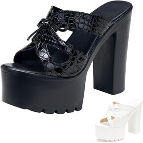 Women's Leather Bow Sexy Chunky High Heels Goth Sandals Summer Fashion Comfortable Round Open Toe Platform High Heel Slip On Y2K Punk Slides Sandals for Prom Wedding Party