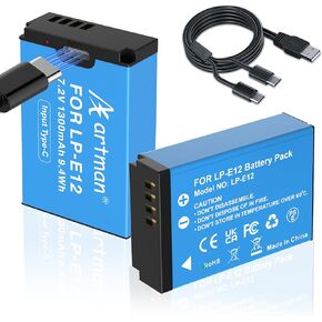 Artman 2-Pack LP-E12 Battery 1300mAh with Type-C Fast Two-Ended Direct Charging Port for Canon EOS M50, M50 Mark II, M, M2, M10, M100, M200, Rebel SL1, PowerShot SX70 HS Digital Cameras