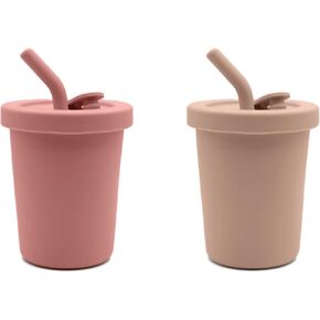 Straw Cup | 2-Pack | 100% Food-Grade Silicone | Spill-Proof | Non-Slip & Soft | Dishwasher Friendly | Deep Moon/Soft Blush | Size 8 Oz