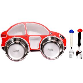 CALLARON Stainless Steel Food Car Shaped Plates Toddler Dinnerware Set, 3 Pieces, Pink