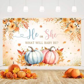 MEHOFOND Little Pumpkin Gender Reveal Baby Shower Banner Autumn Fall Gender Reveal Party Decor Supplies Maple Leaves He or She Background Pink or Blue Photo Booth Props 5.9x3.6ft