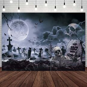 7x5ft Halloween Backdrop for Photography Gray Horror Moon Night Scary Cemetery Skull Photo Backdrop Kids Adult Family Party Birthday Banner Decor Halloween Photo Shoot Props