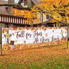 Capoda Fall for Jesus Banner Fall Yard Garden Sign Fall for Jesus He Never Leaves for Autumn Harvest Party Decor Thanksgiving Maple Leaf Autumn Photography Background Polyester Outdoor Decor, 10x2 ft