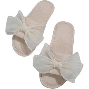 OYOANGLE Women's Lace Bow Decor Open Toe Bedroom Slippers Slip on Slides Comfy Indoor Home Slippers